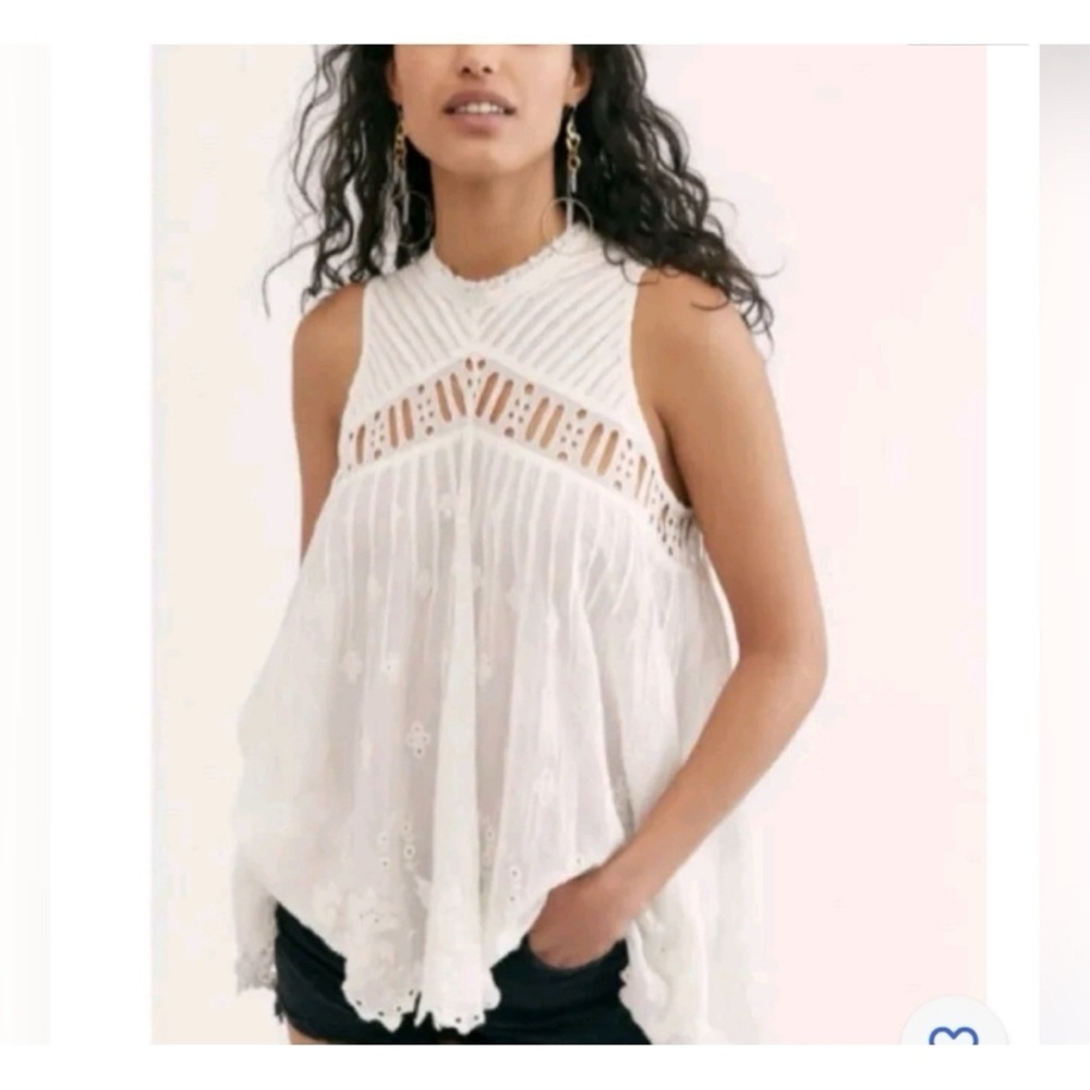 Free People FP One White Eyelet Button Back Eloise Tunic Top GUC S #933
